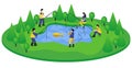 Modern minimalistic isometric clipart of fishermen on the lake in the forest