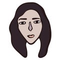 Modern minimalistic linear female portrait. Brown hair, light sad face, european or american facial features. Branding, logo, icon