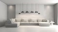 Modern minimalistic living room in light monochrome colors. Empty white walls, large corner sofa, coffee table, ceiling