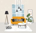 Modern minimalistic nordic apartment interior. Living room with furniture, sofa, flowers. A poster with a cute room. Flat cartoon Royalty Free Stock Photo