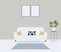 Modern minimalistic scandinavian style living room. Furniture for home interior: sofa, couch, cushions in cute pattern,carpet,