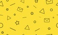 Modern minimalistic style seamless pattern on the yellow background. Letters, e-mail, stars and triangle icons.