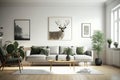 Modern minimalistic and stylish living room in scandinavian style with armchair coffee table and sofa Royalty Free Stock Photo