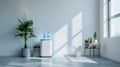 Modern minimalistic water cooler in a bright white and grey office with a subtle blue accent Royalty Free Stock Photo