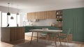 Modern minimalistic wooden kitchen with dining table, carpet and panoramic window, white and green architecture interior