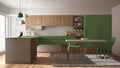 Modern minimalistic wooden kitchen with dining table, carpet and panoramic window, white and green architecture interior Royalty Free Stock Photo
