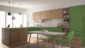 Modern minimalistic wooden kitchen with dining table, carpet and panoramic window, white and green architecture interior design Royalty Free Stock Photo