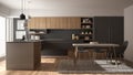 Modern minimalistic wooden kitchen with dining table, carpet and panoramic window, white and grey architecture interior Royalty Free Stock Photo