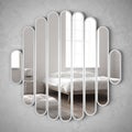 Modern mirror hanging on the wall reflecting interior design scene, bright bedroom with bed, chair and table lamp, minimalist whit Royalty Free Stock Photo