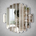 Modern mirror hanging on the wall reflecting interior design scene, bright contemporary bathroom with washbasin, panoramic window Royalty Free Stock Photo