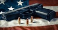 Modern 9 mm hand gun with three bullets sits on American flag. Concept of American fire arm culture with pistol and ammunition Royalty Free Stock Photo