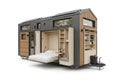 Modern mobile dwelling featuring fold out bed and ample storage solutions Royalty Free Stock Photo