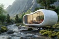 Modern mobile tiny home set in nature beside a tranquil stream. Stylish design with large windows showcasing an airy Royalty Free Stock Photo