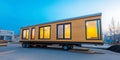 Modern mobile tiny house on wheels with large windows during twilight in an urban construction site Royalty Free Stock Photo