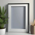 Modern mock-up frame with plant and stationery on a white shelf against a gray wall Royalty Free Stock Photo