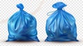 A modern mockup of a blue plastic trash bag loaded with garbage and rubbish. This is a mockup of polyethylene trash bags