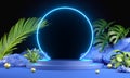 Modern Mockup Blue Podium Light Electric Frame With Tropical Wild Concept Scene Abstract Background 3d Render