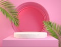 Modern Mockup Minimal Stage Display, Palm Leaf Tropic, Pink Pastel Illustration 3d Rendering Background