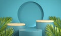 Modern Mockup Platform Set Blue Collection With Wood And Palm Leaf Abstract Background 3d Render