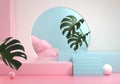 Modern Mockup Step Podium Pink And Blue Pastel With Natural Monstera Plant Creative Abstract Background 3d Render