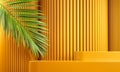 Modern Mockup Yellow Platform For Branding Presentation Product With Palm Leaf And Abstract Background 3d Render