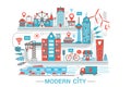 Modern Modern smart city graphic flat line design style infographics concept of global Network technology with icons Royalty Free Stock Photo