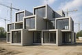 Modern modular building under construction featuring stacked geometric units with large glass windows creating a minimalist Royalty Free Stock Photo