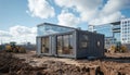 Modern modular office container positioned on construction site. Features sleek, industrial design with large glass windows. Royalty Free Stock Photo