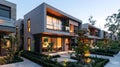 Modern Modular Townhouses at Dusk, Urban Elegance with Space. Concept Architecture, Townhouses, Royalty Free Stock Photo