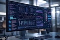 Modern monitor displaying complex bioinformatics software with data analytics, graphs, and code. Royalty Free Stock Photo