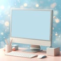 modern monitor with pastel blue screen on light pastel bokeh background Royalty Free Stock Photo