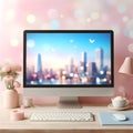 modern monitor with pastel blue screen on light pastel bokeh background Royalty Free Stock Photo