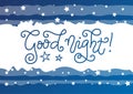 Modern mono line calligraphy lettering of Good night in blue with on white with frame of stars