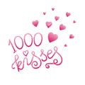 Modern mono line calligraphy lettering of Thousand kisses in white on pink background