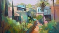 Modern Moroccan suburban home architectural illustration painting. Generative AI