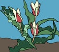 Modern mosaic, inlay. Illustration, stained glass drawing of spring blooming tulips. Art deco background. Geometric pattern.