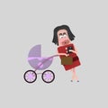 Modern mother holding a stroller and looking at smartphone