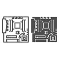 Modern motherboard line and solid icon. Main circuit board with hardware components symbol, outline style pictogram on