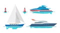 Modern Motor Yachts and White Sailboat on Water