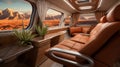 Modern motorhome interior with leather chairs and large windows. Concept of luxury travel, road trips, and high-end