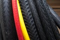 Large selection of tires with a different tread and colour