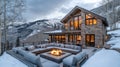 Modern Mountain Home with Outdoor Fire Pit and Snowy Landscape Royalty Free Stock Photo