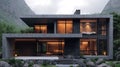 Modern mountain house with concrete exterior and warm interior lighting Royalty Free Stock Photo