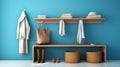 Modern Mud Room With Hanger, Basket, Hats And Coats On Blue Walls