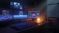 Modern multi-monitor computer setup in dark room with futuristic interface Royalty Free Stock Photo
