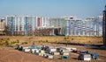 Modern multi storey apartment blocks on the outskirts of St Petersburg, Russia