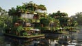 Modern multi story floating homes covered in lush greenery on a calm river Royalty Free Stock Photo