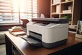 Modern multifunction laser printer in contemporary business office. Document and paperwork. Secretary work. Copy, print, scan, and