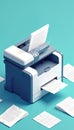 Modern multifunctional printer with documents surrounding. Device performs printing, scanning functions for office automation. Royalty Free Stock Photo