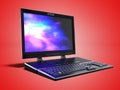 Modern multimedia laptop for work 3d render on red background wi